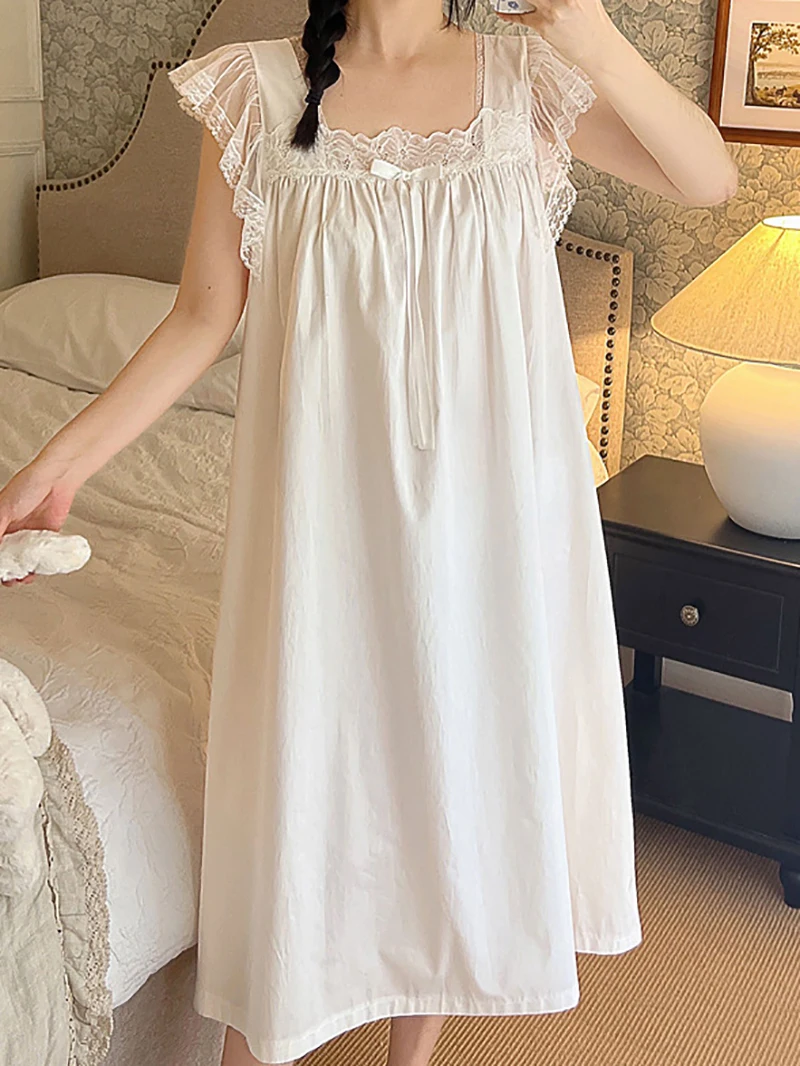 Women Cotton Lace Sleeveless Loose Fairy Princess Nightgowns French Sweet Girls Pajamas Summer Victorian Homewear Sleepwear