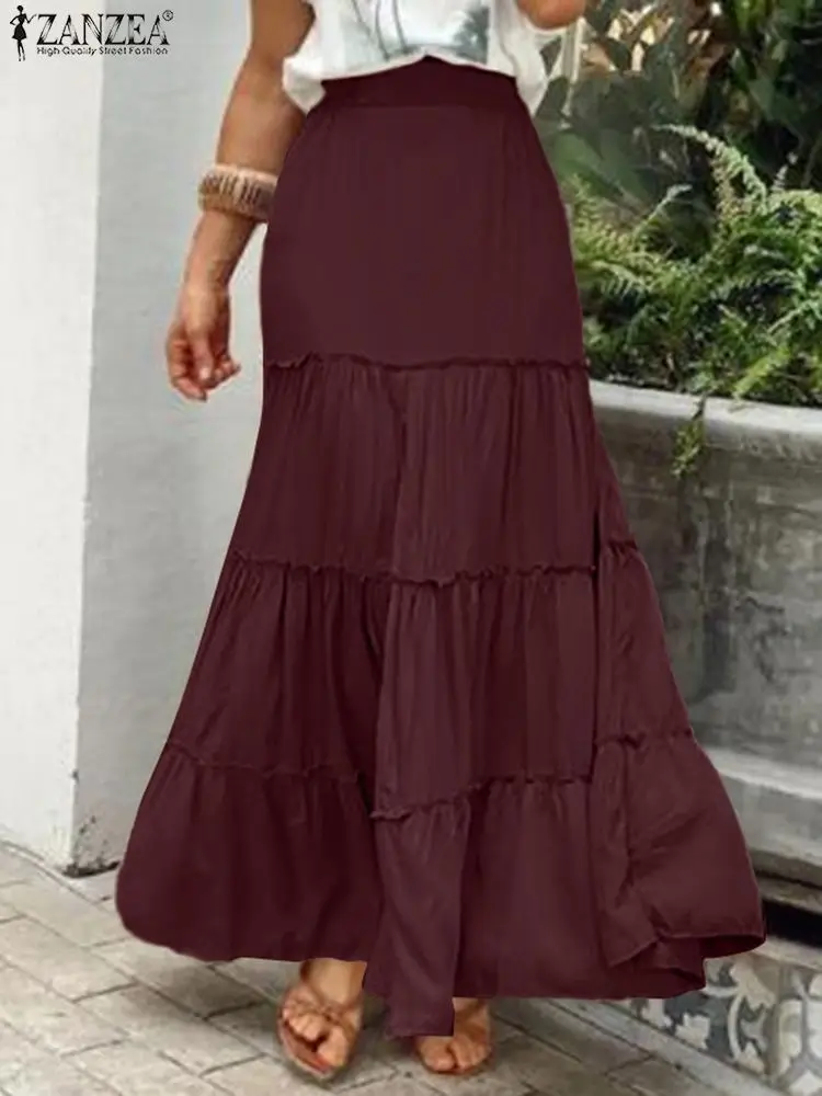 

ZANZEA Summer Women Skirts Elegant Ruffles High Waist Loose Sundress Causal Maxi Vestidos Female Vintage Faldas Saia Robe 2023