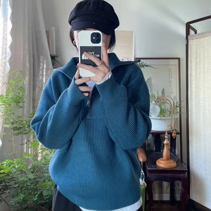 

Осенний женский свитер, корейский, стильный, элегантный, однотонный, с ложным воротником, на молнии, толстый, Теплый Женский пуловер вязаный костюм C5204