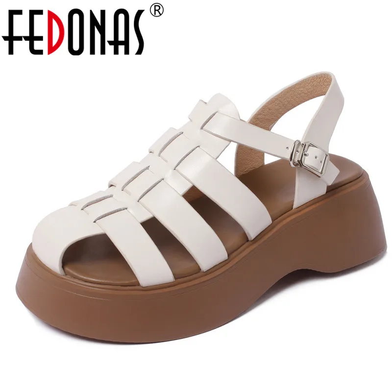 

FEDONAS Women Sandals Flats Platforms Casual 2022 Summer Rome Style Weave Genuine Leather Gladiator Shoes Woman New Arrival
