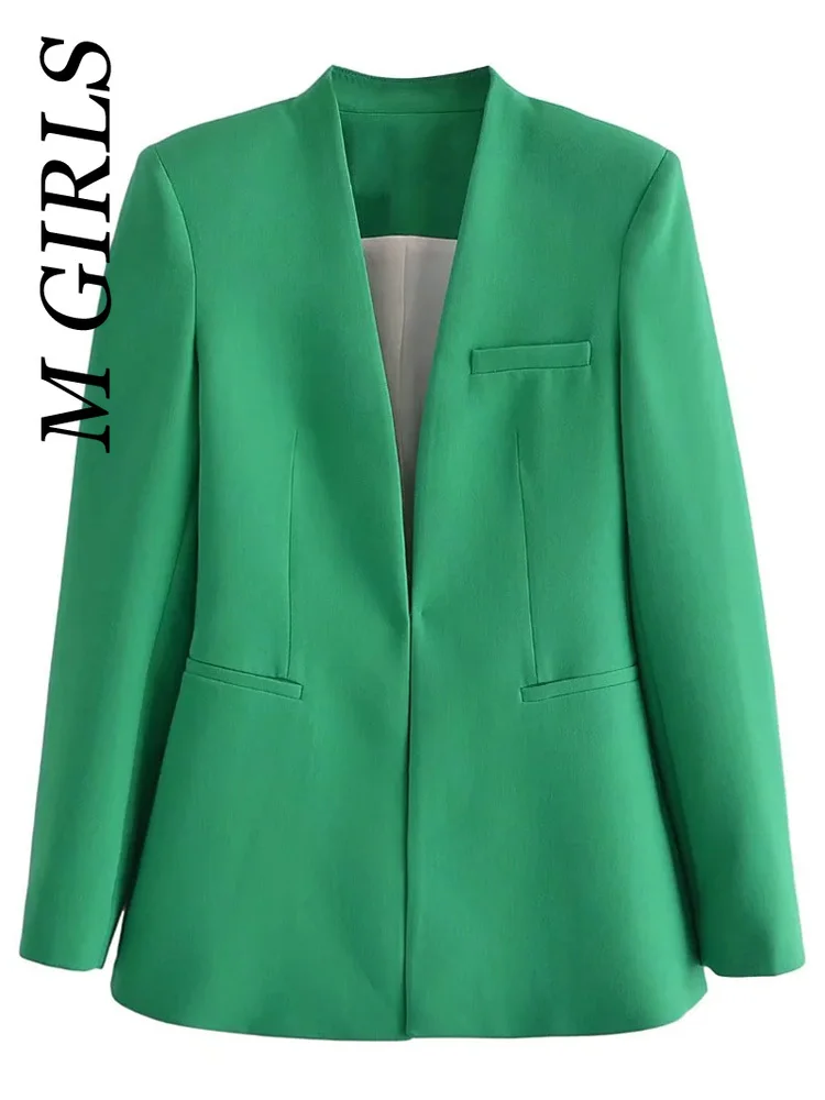 

M GIRLS Women Fashion Front Metal Hook Fitted Blazer Coat Vintage Long Sleeve Welt Pockets Female Outerwear Chic Veste Femme