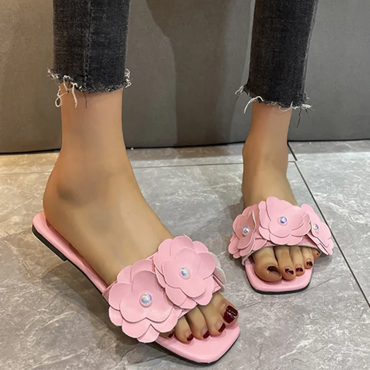 

Shoes Big Size Woman's Slippers Low Shale Female Beach Slides Flower 2022 Sabot Summer Basic Floral Fabric Hoof Heels PU Rubber