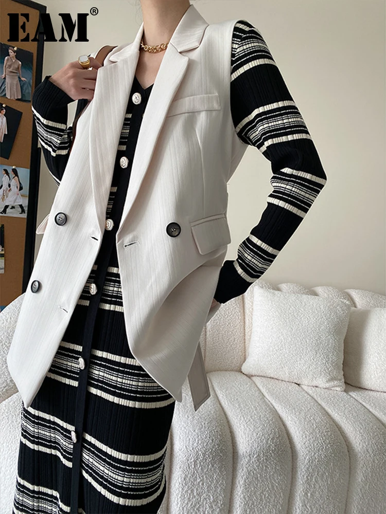 

[EAM] Women Loose Fit White Double Breasted Long Elegant Vest New Lapel Sleeveless Fashion Tide Spring Autumn 2023 1DF2052