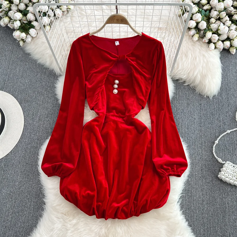 

Long Sleeve Puffy Dress Set Women Red Round Neck Shawl Top Two-piece Suit Hot Girl Sexy Suspender Puffy A-line Dress Party Club