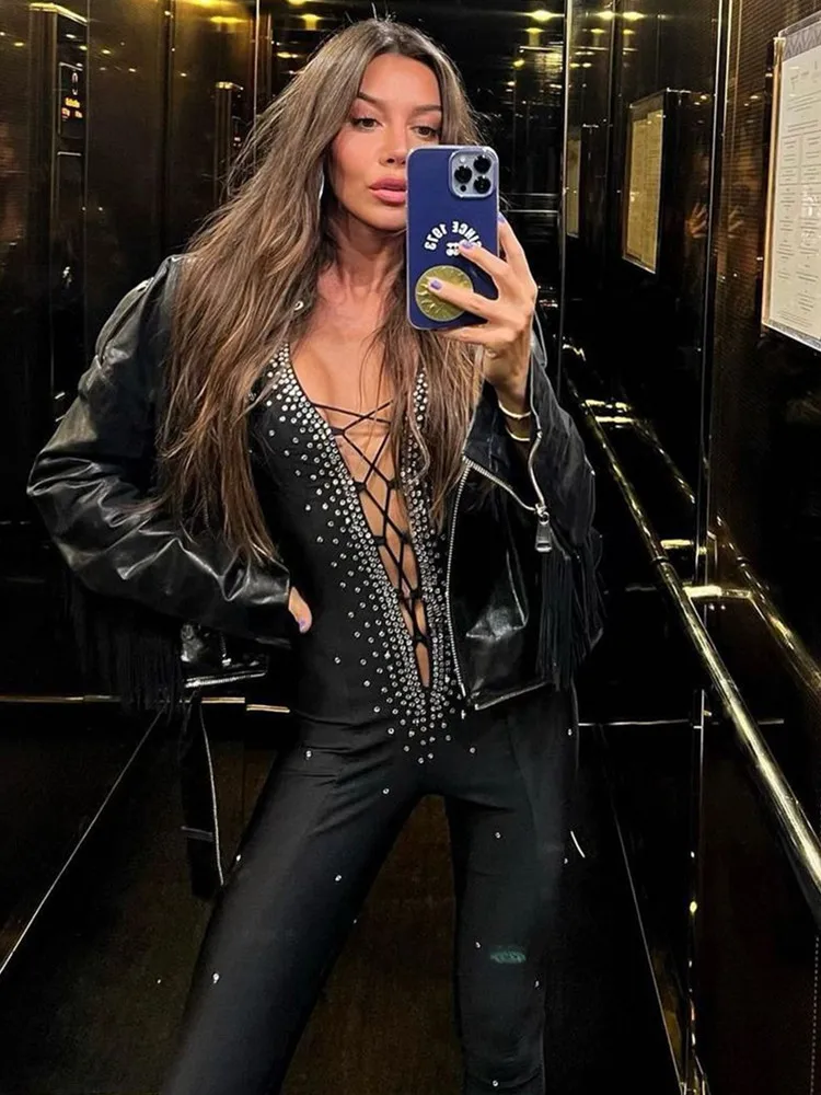 

High Quality Women Dress Jumpsuit Sexy Stretch Bandage Backless Laced Up Beading Bodycon Rompers Celebrity Evening Club Party