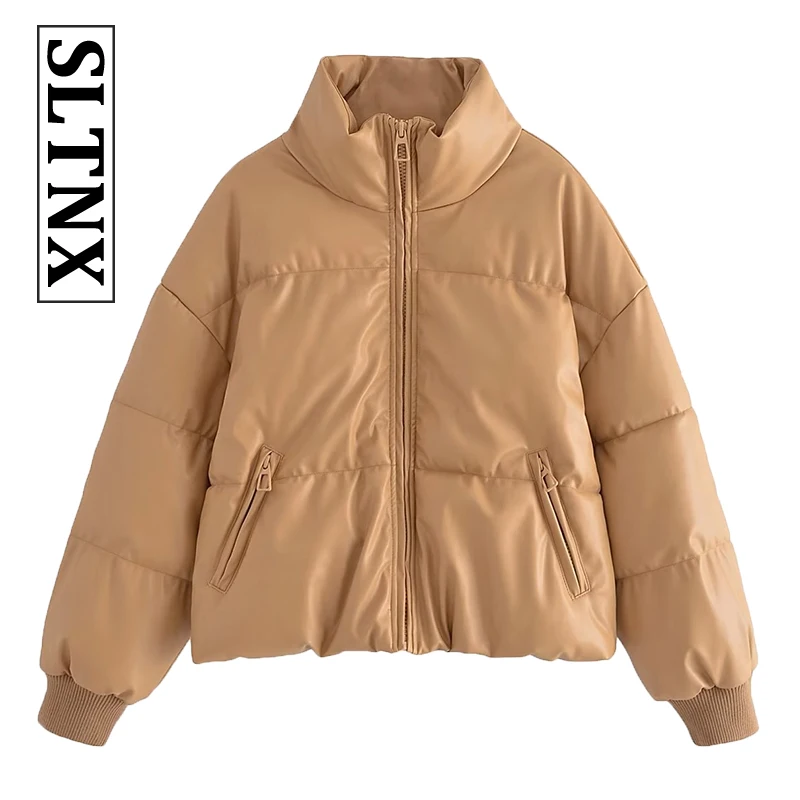 

SLTNX Women's Winter Coats Khaki PU Leather Jackets for Women O-Neck Solid Long Sleeves Casual Jacket Female Parkas Clothing