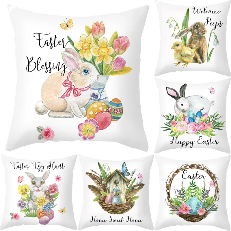 

45x45cm Easter Cushion Cover Easter Bunny Rabbit Egg Print Happy Easter Decorations for Home Sofa Throw Pillow Cover Pillowcase