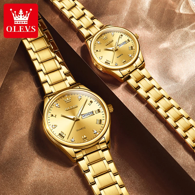 OLEVS Top Brand Luxury Full Gold Couple Watch 2023 New Fashion Design Weekly Calendar Display Quartz Mens Watches Womens Watches