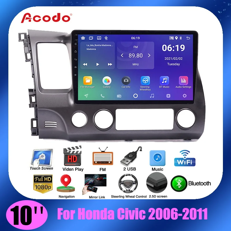 

Головное устройство Acodo 2din, 10 дюймов, Android 11,0, для Honda Civic 2005-2011, автомобильная стереосистема 2 Гб ОЗУ 16 ГБ 32 Гб ПЗУ, четырехъядерный процессор с ...