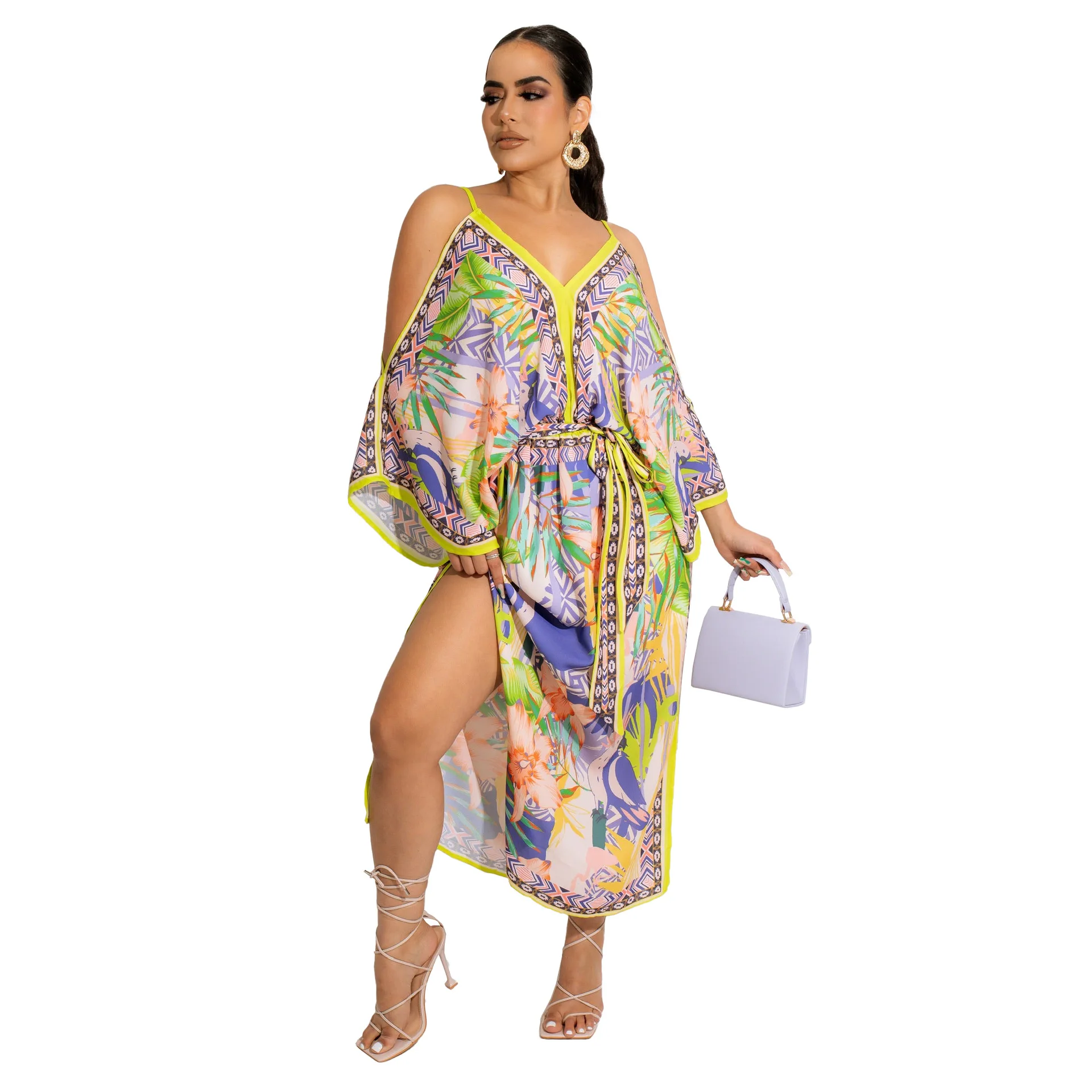 

New Sexy V Neck Printed Beach Dress sexy women off shoulder High Split Bikini siwmwear Bathing suit Tunic Beach Cover Up