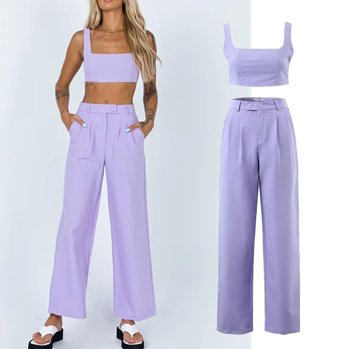 

Withered Ins Blogger Sexy Crop Two Pieces Sets Tank Tops Fashion High Waist Loose Pants Women