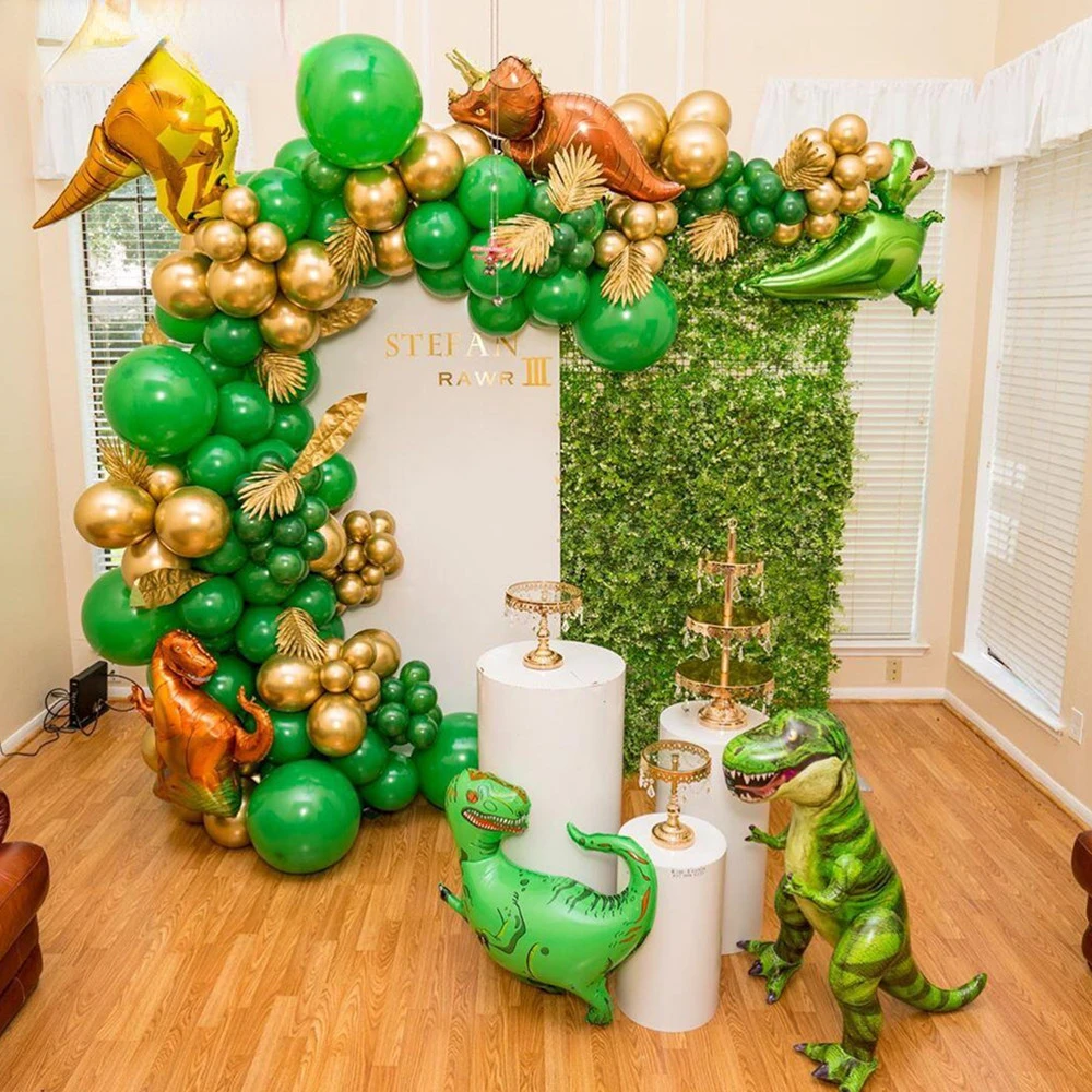 

Dinosaur Balloons Garland Kit for Birthdays Baby Showers Decoration and comes with T Rex, Velociraptor, Brontosaurus