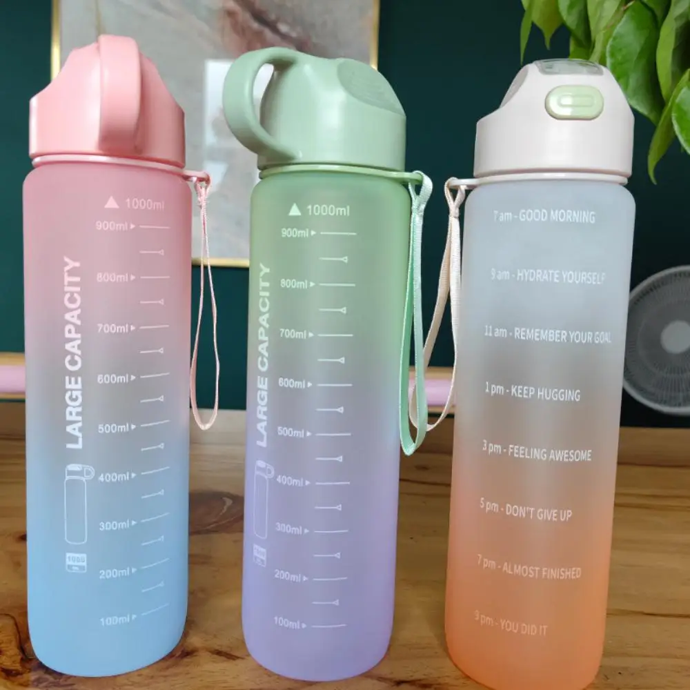 

2L/1L Time Marker Water Bottle With Straw Large Capacity Frosted Cup Coffee Kettle Portable Water Cup Mobile Phone Holder
