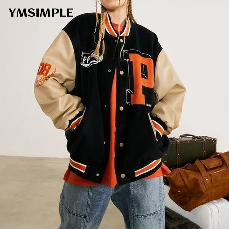 

Casual Loose Women's Streetwear Varsity Jacket 2022 Spring Letter Embroidery Long Sleeve Patchwork Coats Bomber Jackets Black