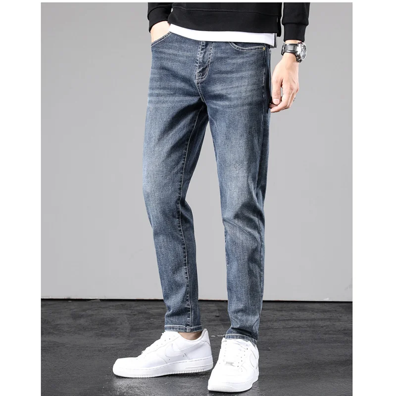 Streetwear Men Slim Fit Straight Tube Tide Brand Volcanic Rock Men's Trousers Warm Pants In Autumn and Winter Stretch Blue Jeans