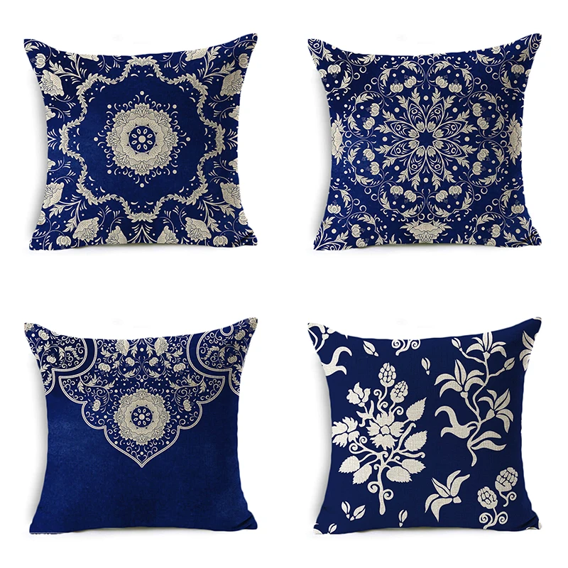 

Blue Bohemia Cushion Cover Floral Pattern Linen Pillowcase For Car Sofa Seat Decor home chair Decorative Pillow covers 45 x 45cm