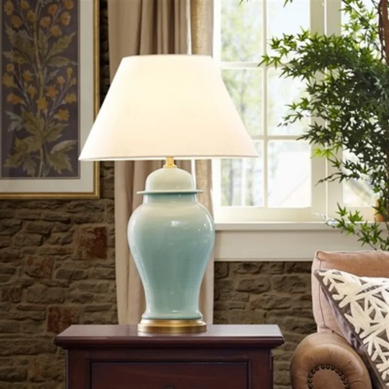 

China Retro Colorful Glazed Ceramic Table Lamp E27 Ice Cracked Porcelain Jar Copper Base Cloth Lampshade Room Decor Desk Light