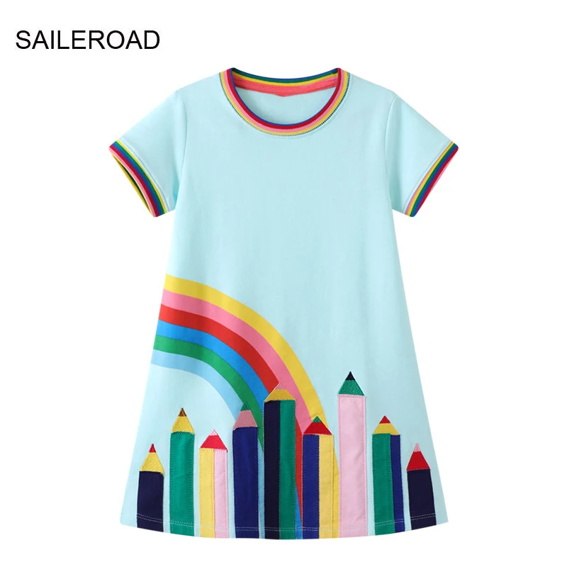 

SAILEROAD 2-7 Years 2023 New Princess Cotton Summer Children Short Sleeve Rainbow Pencil Dresses Kids for Girls Skirt Clothes