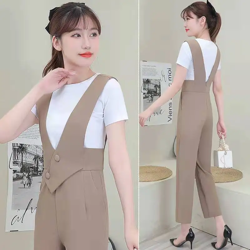 

Women 2022 Summer Fashion OL 2 Piece Set Female Short Sleeve T-shirt Tops + High Waist Pants Ladies Overalls Office Suit N33