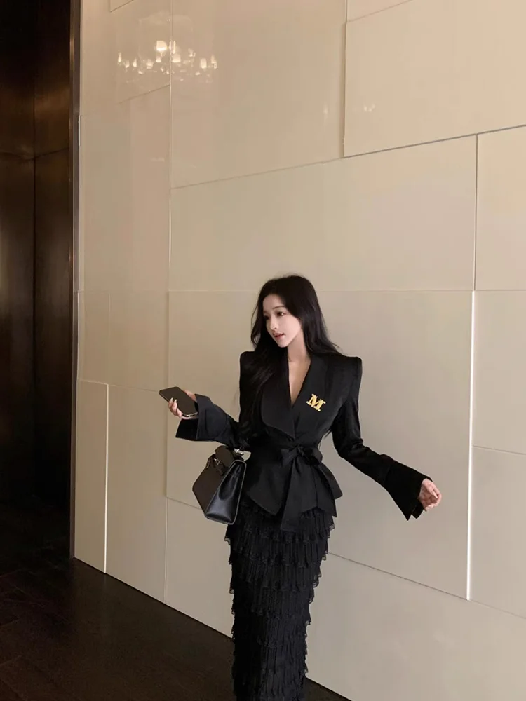 Qiake Girl ~ Женский черный топ с лацканами High Sense осень 2023 шикарный нестандартной