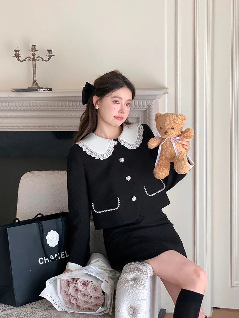 

2023 Winter New Navy Collar Patchwork Love Print Cotton Pleated Warm Dress Korean Fashion Formal Black Dress Women