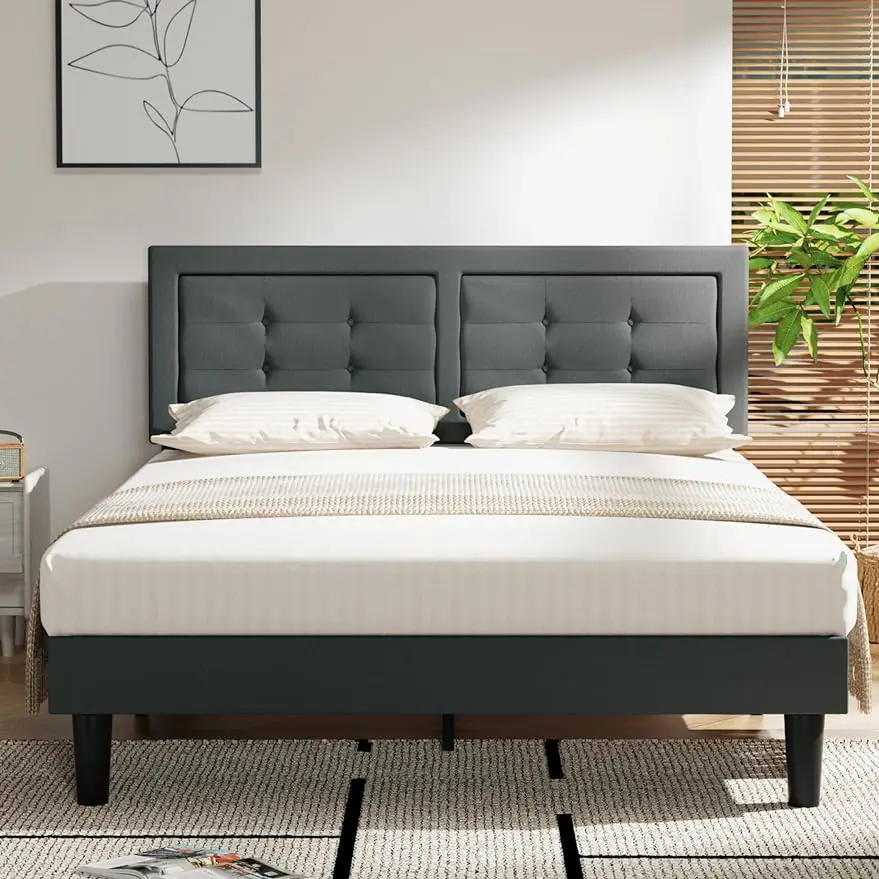 

VECELO Full Size Upholstered Bed Frame with Height Adjustable Fabric Headboard，Dark Gray