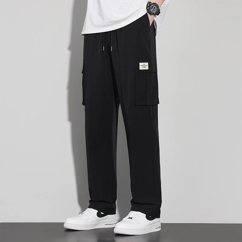 

Summer Men's Casual Pants Elastic Waist Fashion Straight Loose Trousers Black Man's High Waist Cargo Pant Army Green M-4XL