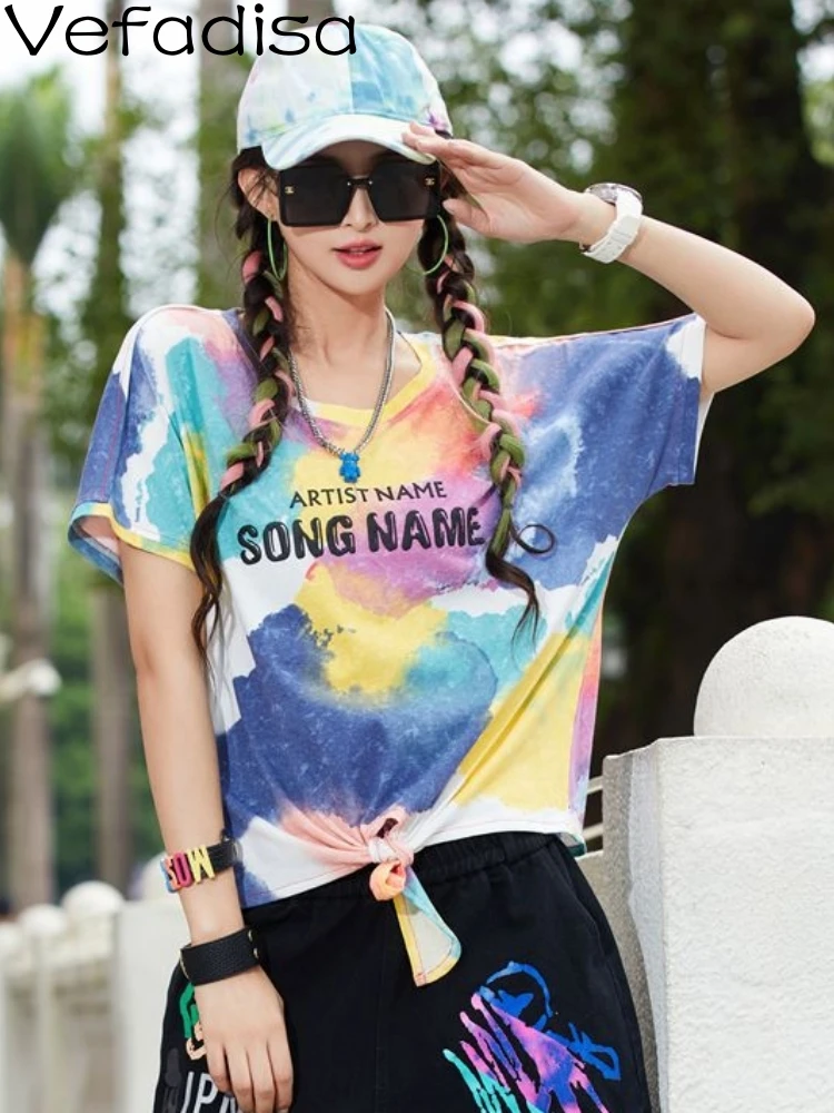 

Vefadisa2023 Summer Women Colored Print Short Sleeve Round Neck T-shirt Personalized Girl Fashion Loose Letter Casual Top ZY1471