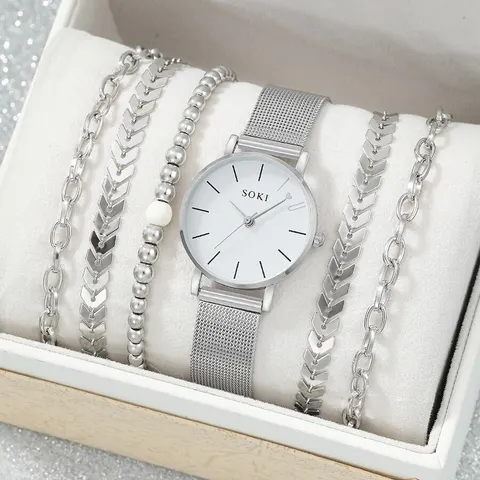 6 шт., простые серебряные кварцевые часы с браслетом для женщин, повседневные Модные круглые простые серебряные часы, изящный Набор браслетов из пшеницы