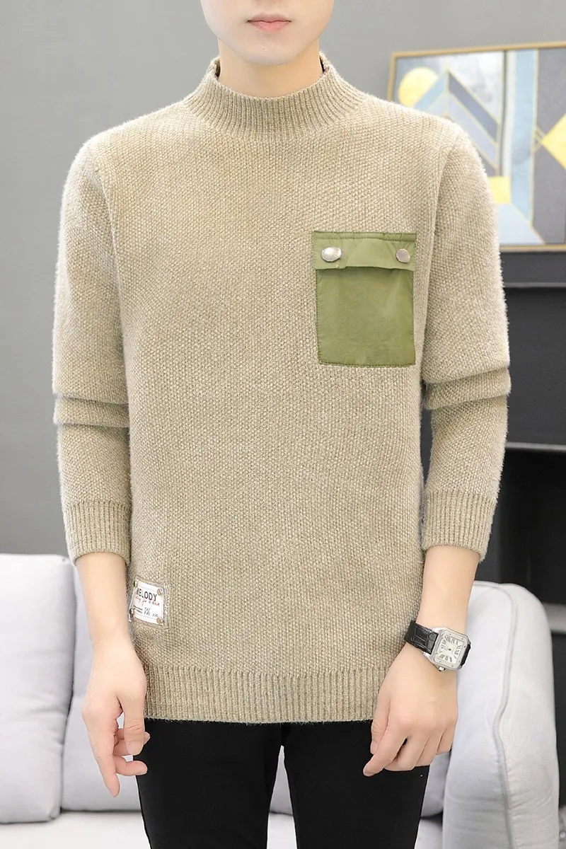 New Winter Top Quality Half high collar Men Sweater Thick Warm Pullover Casual pocket Mens Sweaters High Neck Knit Male Jump | Мужская