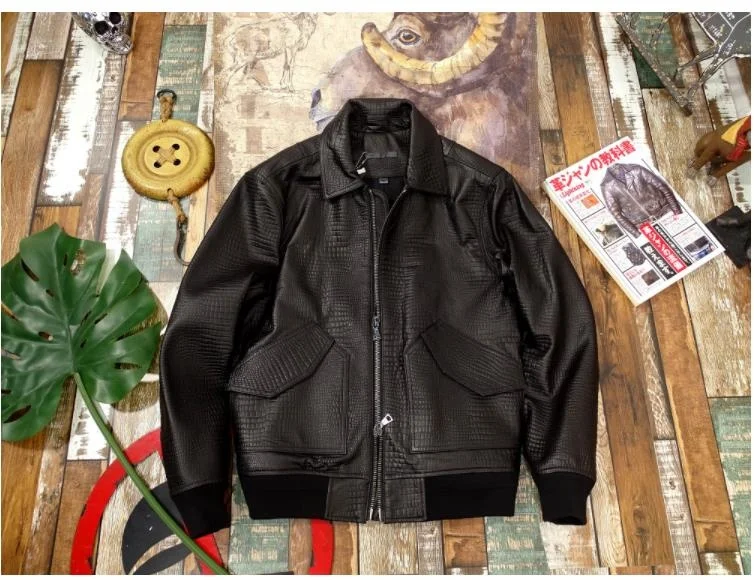 

Sheep Skin Genuine luxury brand real bomber black genuine jacket.soft Alligator pattern sheepskin coat.father casual leather clo