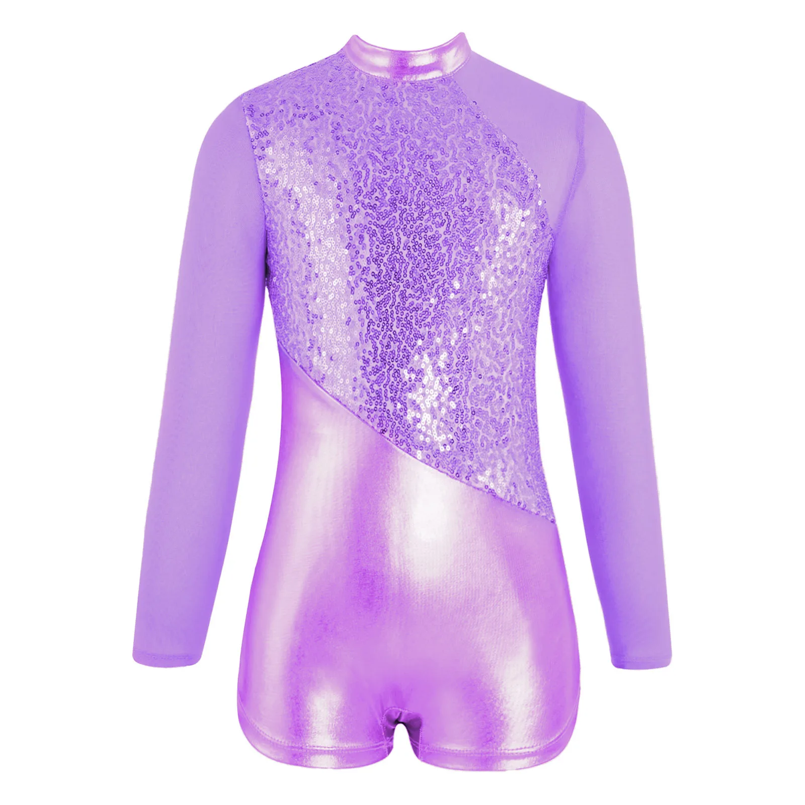 

Girls Kids Sparkling Metallic Sequins Ballet Dancing Costume Mesh Patchwork Long Sleeve Zipper Back Gymnastic Leotards Dancewear