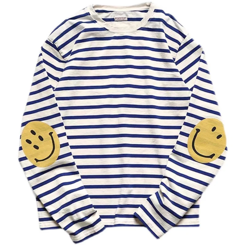 

KAPITAL Long-sleeved T-shirt Correct Version Of The Striped Smile Printed Tops Men And Women Couples Cotton Bottoming Shirt