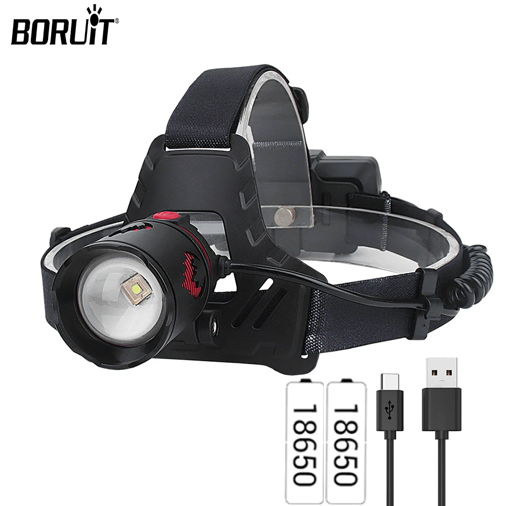 BORUiT LED Telescopic zoom Headlamp 18650 Strong Headlight 3-light Mode USB Rechargeable Head Torch Waterproof Camping Work Lamp