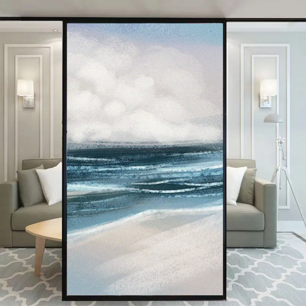 

Privacy Glass Window Film Seascape Painting Frosted Glass Stickers Sun Blocking Glue-Free Static Adhesive Bathroom Door Film