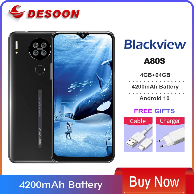 

Blackview A80s 4GB+64GB Smartphone 13MP Quad Camera 4200mAh Android 10 Octa Core Face ID 4G Mobile Phone Fingerprint Telephone