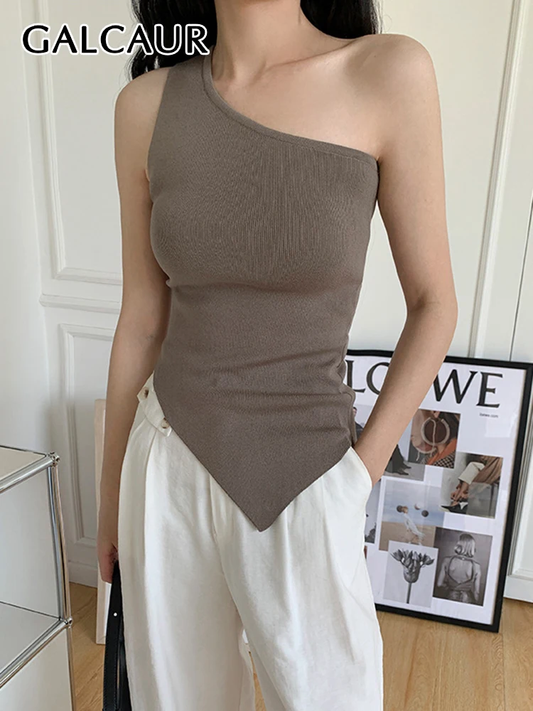

GALCAUR Asymmetrical Slim Tank Tops For Women Diagonal Collar Off Shoulder Irregular Hem Knitting Solid Vest Female Summer New