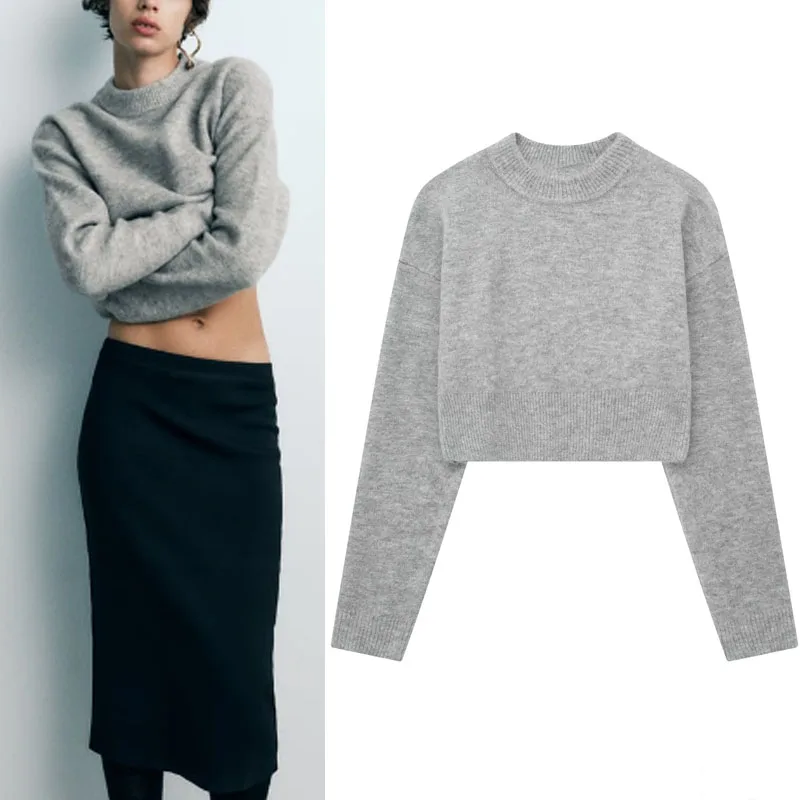

TRAF 2023 Women Crop Knit Sweater Vintage Gray Round Neck Rib Trim Pullovers Female Clothing Long Sleeve Tops Autumn Sweatshirts