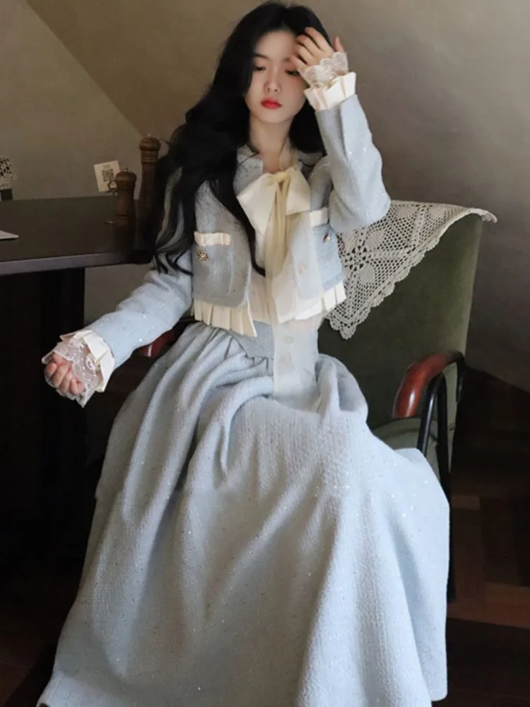 

Новинка весны 2023, женский элегантный комплект из двух предметов, корейская мода, длинный вечерние, юбка, костюм, японская Повседневная осенняя одежда синего цвета