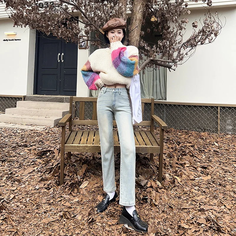 

Fall 2022 fashion Korean version of high-waisted nostalgic stretch straight leg versatile women's jeans