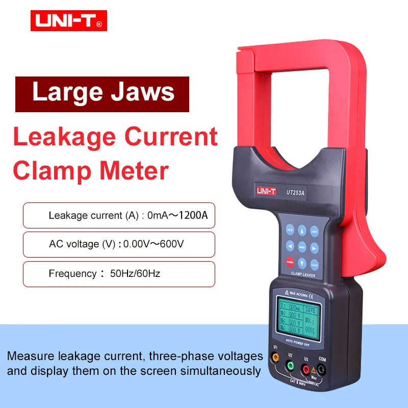 

UNI-T UT253A Large Jaws Leakage Current Clamp Meter Auto Range RS-232 LCD Backlight Auto power off Data Hold Over-Range Display