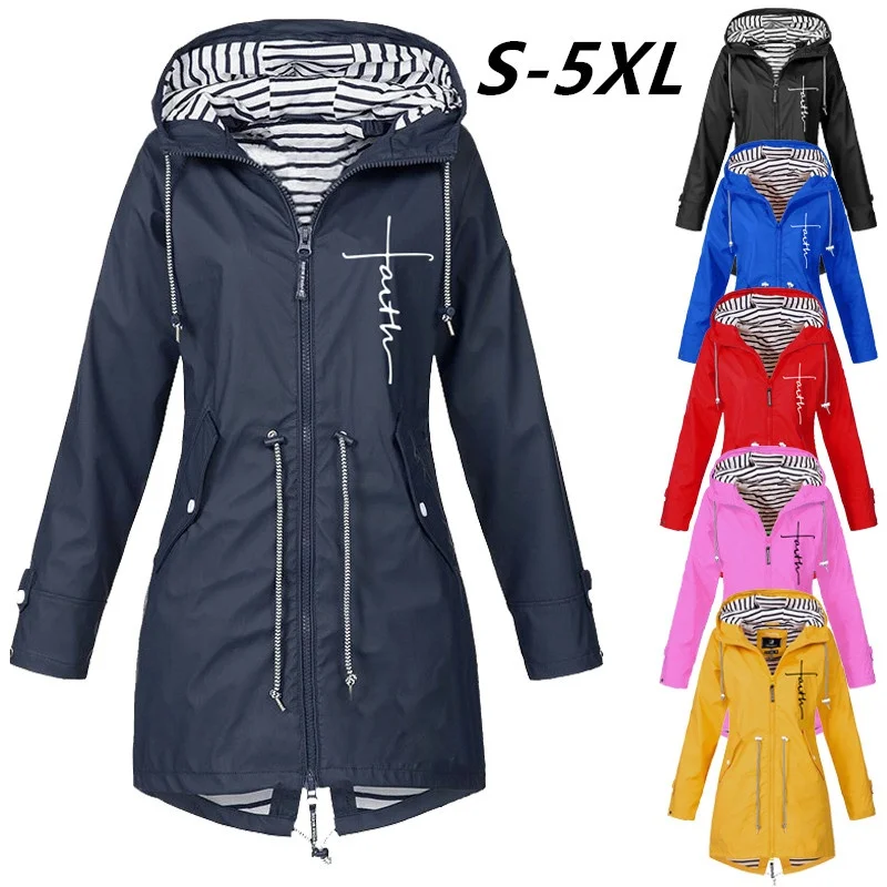 Womens Waterproof Raincoat Casual Basic Outdoors Trench Lightweight Drawstring Jackets hiking Clothes for Women