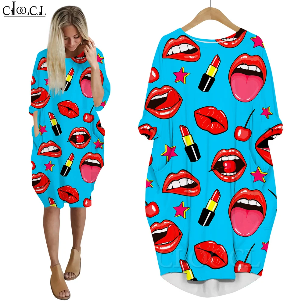 

CLOOCL Dresses Long Sleeve Red Lips and Lipstick 3D Graphic Crew Neck Streetwear 2023 New Trendy Sexy Dress for Women
