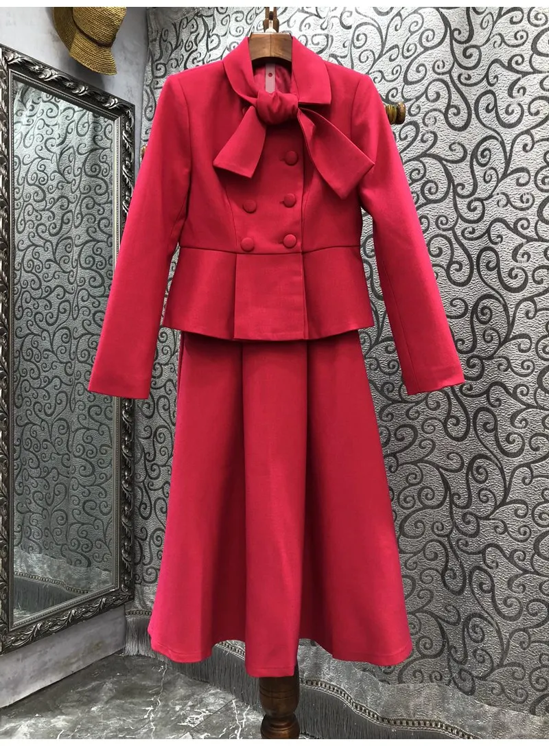 

Женский костюм с юбкой, пиджак с длинным рукавом и бантом + юбка до середины икры, розово-красного цвета, цвета хаки, Осень-зима 2022