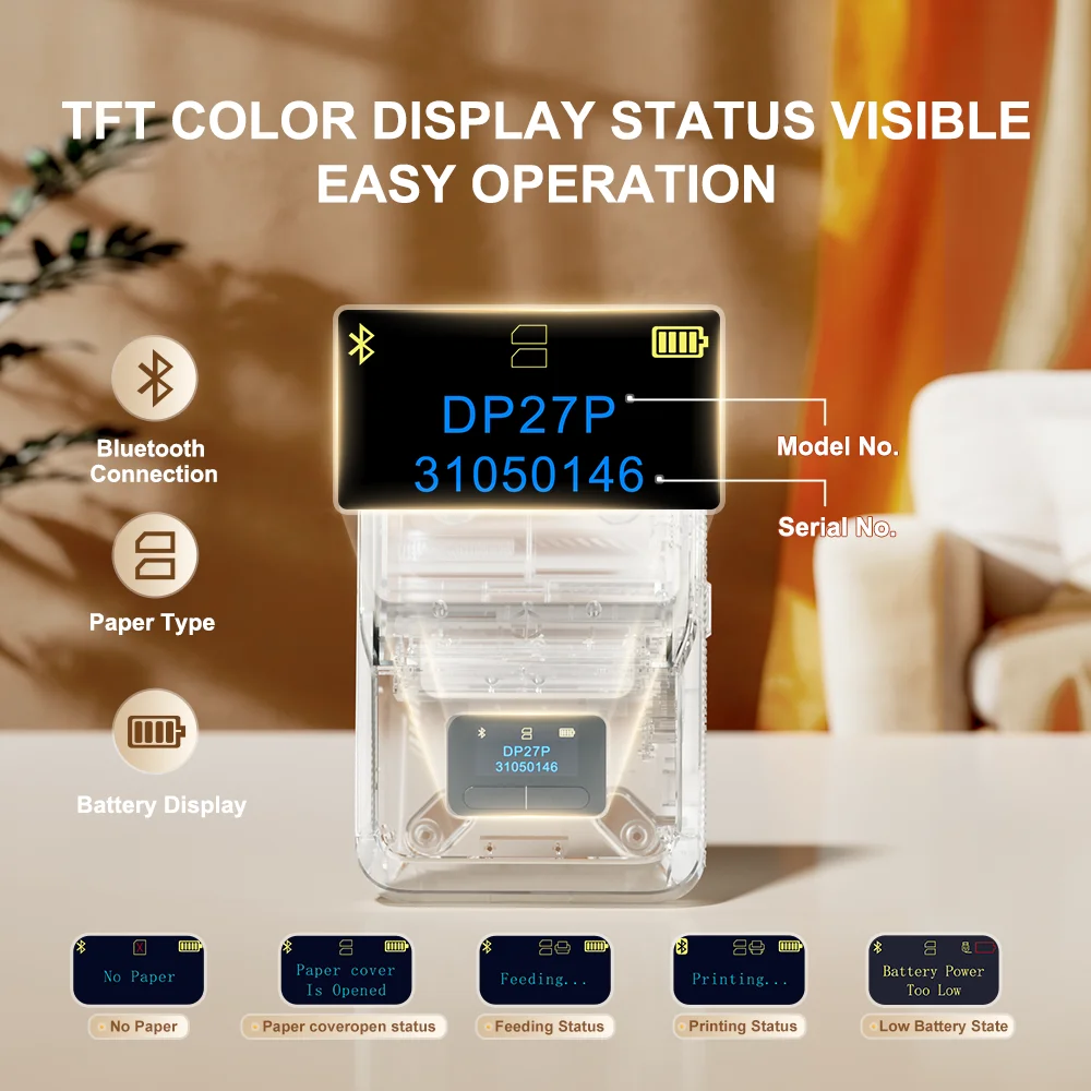 Фото Термопринтер DETONGER DP27P 300DPI HD, беспроводной, без чернил, совместим с iOS и Android, для дома и офиса, для печати на кабелях, этикетках и наклейках №2