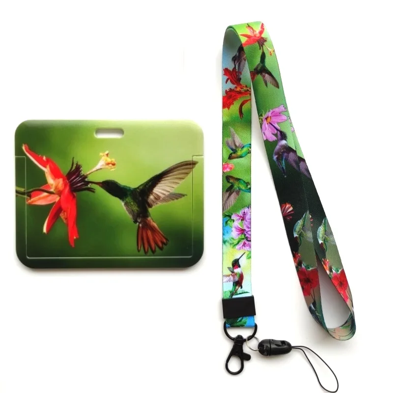

Horizontal Women's Bird and Flower Cute ID Badge Holder Hard Case with Neck Lanyard and Keychain Strip Set for Women Kids