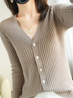 2022 spring and autumn core spun yarn wool knitted cardigan draw strip v neck all match fashion small sweater jacket top women