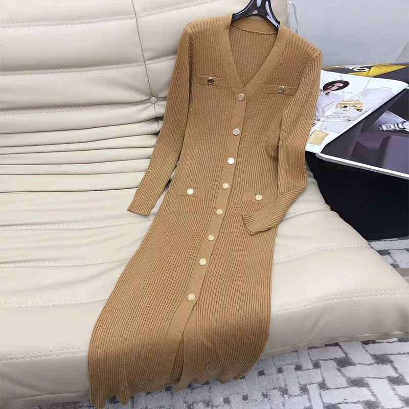 

22 Women Knitted Long Dress For Winter Sexy V-neck Single-breasted Long Sleeve Dresses Fashion Solid Color Bodycon Slim Dress
