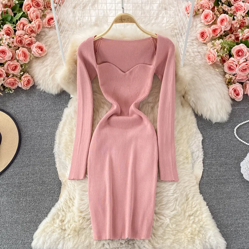 

Knitted dress women's 2021 autumn and winter new slim fit and slim Black