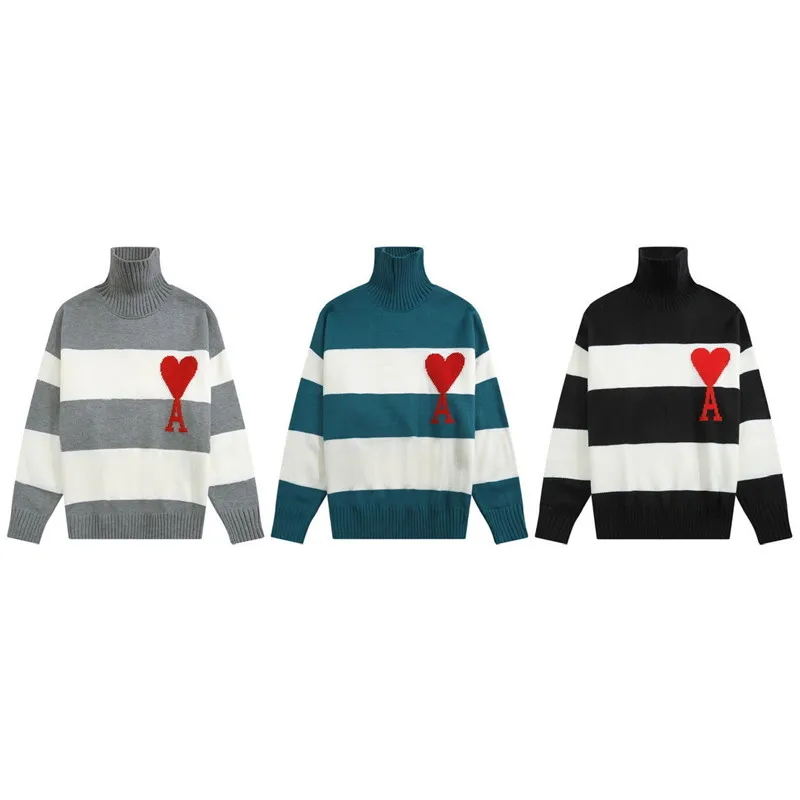 

2022 Autumn Winter AMI Fashion Simple Stripe Christmas Women's Sweaters Men's Love Turtleneck Pullover Casual Sweater Oversize